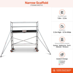 1.9m – 2.2m Narrow Aluminium Mobile Scaffold Base Tower with 2 Outriggers & Kickboards