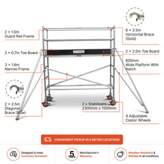 1.9m – 2.2m Narrow Aluminium Mobile Scaffold Base Tower with 2 Outriggers & Kickboards