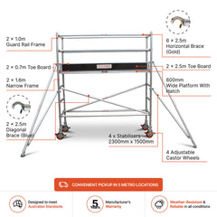 1.9m – 2.2m Narrow Aluminium Mobile Scaffold Base Tower with 4 Outriggers & Kickboards