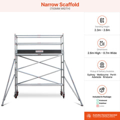 2.3m – 2.6m Narrow Aluminium Mobile Scaffold Base Tower with 4 Outriggers & Kickboards