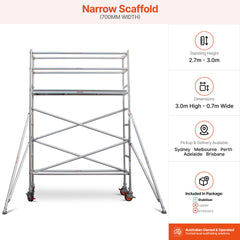 2.7m – 3.0m Narrow Aluminium Mobile Scaffold Base Tower with 4 Outriggers