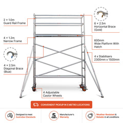 2.7m – 3.0m Narrow Aluminium Mobile Scaffold Base Tower with 4 Outriggers