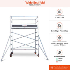 2.7m – 3.0m Wide Aluminium Mobile Scaffold Base Tower with 2 Outriggers & Kickboards