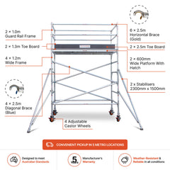2.7m – 3.0m Wide Aluminium Mobile Scaffold Base Tower with 2 Outriggers & Kickboards