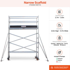 2.7m – 3.0m Narrow Aluminium Mobile Scaffold Base Tower with 4 Outriggers & Kickboards