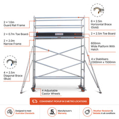 2.7m – 3.0m Narrow Aluminium Mobile Scaffold Base Tower with 4 Outriggers & Kickboards