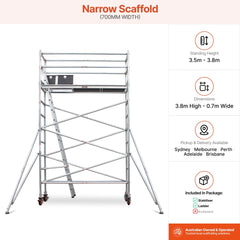 3.5m – 3.8m Narrow Aluminium Mobile Scaffold Base Tower with 2 Outriggers