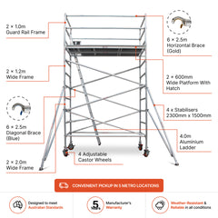 3.5m – 3.8m Wide Aluminium Mobile Scaffold Base Tower with 4 Outriggers