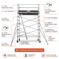 3.5m – 3.8m Wide Aluminium Mobile Scaffold Base Tower with 2 Outriggers & Kickboards