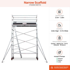 3.5m – 3.8m Narrow Aluminium Mobile Scaffold Base Tower with 4 Outriggers & Kickboards