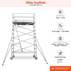 3.9m - 4.2m Wide Aluminium Mobile Scaffold Base Tower with 2 Outriggers