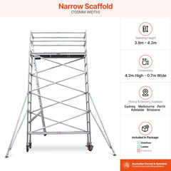 3.9m - 4.2m Narrow Aluminium Mobile Scaffold Base Tower with 4 Outriggers