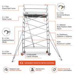 3.9m - 4.2m Wide Aluminium Mobile Scaffold Base Tower with 4 Outriggers