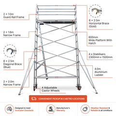 3.9m - 4.2m Narrow Aluminium Mobile Scaffold Base Tower with 4 Outriggers