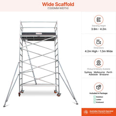 3.9m - 4.2m Wide Aluminium Mobile Scaffold Base Tower with 4 Outriggers & Kickboards