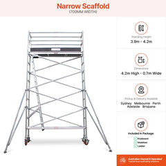 3.9m - 4.2m Narrow Aluminium Mobile Scaffold Base Tower with 4 Outriggers & Kickboards
