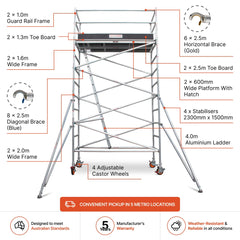 3.9m - 4.2m Wide Aluminium Mobile Scaffold Base Tower with 4 Outriggers & Kickboards