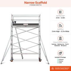 3.1m – 3.4m Narrow Aluminium Mobile Scaffold Base Tower with 2 Outriggers & Kickboards