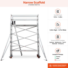 3.1m – 3.4m Narrow Aluminium Mobile Scaffold Base Tower with 4 Outriggers
