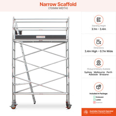 3.1m – 3.4m Narrow Aluminium Mobile Scaffold Base Tower with Kickboards