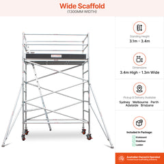 3.1m – 3.4m Wide Aluminium Mobile Scaffold Base Tower with 2 Outriggers & Kickboards