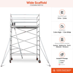 3.1m – 3.4m Wide Aluminium Mobile Scaffold Base Tower with 2 Outriggers