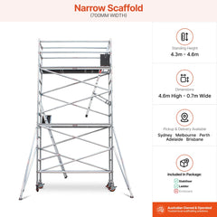 4.3m - 4.6m Narrow Aluminium Mobile Scaffold Base Tower with 2 Outriggers