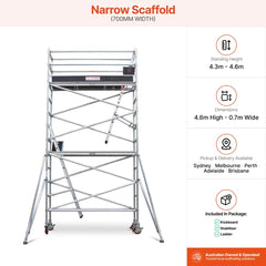 4.3m - 4.6m Narrow Aluminium Mobile Scaffold Base Tower with 2 Outriggers & Kickboards