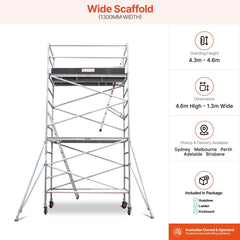 4.3m - 4.6m Wide Aluminium Mobile Scaffold Base Tower with 4 Outriggers & Kickboards