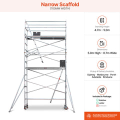 4.7m – 5.0m Narrow Aluminium Mobile Scaffold Base Tower with 4 Outriggers