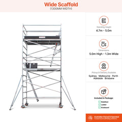 4.7m – 5.0m Wide Aluminium Mobile Scaffold Base Tower with 2 Outriggers & Kickboards