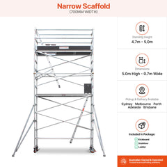 4.7m – 5.0m Narrow Aluminium Mobile Scaffold Base Tower with 2 Outriggers & Kickboards