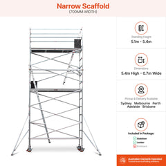 5.1m – 5.4m Narrow Aluminium Mobile Scaffold Base Tower with 2 Outriggers