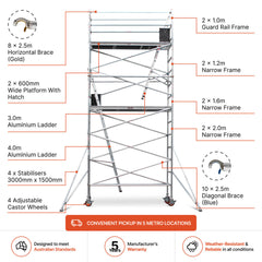 5.1m – 5.4m Narrow Aluminium Mobile Scaffold Base Tower with 4 Outriggers