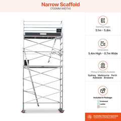 5.1m – 5.4m Narrow Aluminium Mobile Scaffold Base Tower with Kickboards