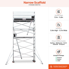 5.1m – 5.4m Narrow Aluminium Mobile Scaffold Base Tower with 2 Outriggers & Kickboards