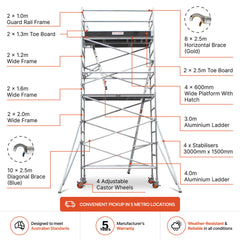 5.1m – 5.4m Wide Aluminium Mobile Scaffold Base Tower with 4 Outriggers & Kickboards