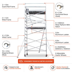 5.5m - 5.8m Wide Aluminium Mobile Scaffold Base Tower with 2 Outriggers