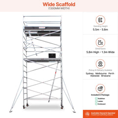 5.5m - 5.8m Wide Aluminium Mobile Scaffold Base Tower with 4 Outriggers & Kickboards