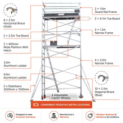 5.5m - 5.8m Narrow Aluminium Mobile Scaffold Base Tower with 2 Outriggers & Kickboards