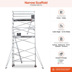 5.5m - 5.8m Narrow Aluminium Mobile Scaffold Base Tower with 2 Outriggers