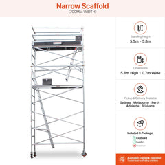 5.5m - 5.8m Narrow Aluminium Mobile Scaffold Base Tower with Kickboards