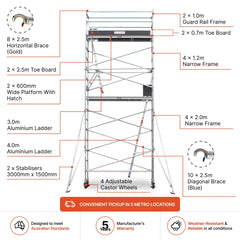 5.9m - 6.2m Narrow Aluminium Mobile Scaffold Base Tower with 2 Outriggers & Kickboards