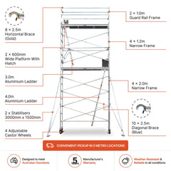 5.9m - 6.2m Narrow Aluminium Mobile Scaffold Base Tower with 2 Outriggers