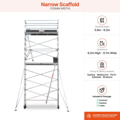 5.9m - 6.2m Narrow Aluminium Mobile Scaffold Base Tower with 4 Outriggers & Kickboards