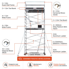 5.9m - 6.2m Wide Aluminium Mobile Scaffold Base Tower with 2 Outriggers & Kickboards