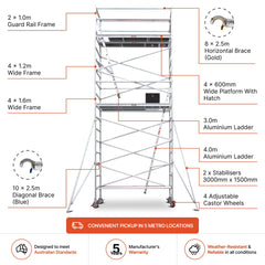 5.9m - 6.2m Wide Aluminium Mobile Scaffold Base Tower with 2 Outriggers