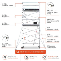 5.9m - 6.2m Wide Aluminium Mobile Scaffold Base Tower with 4 Outriggers
