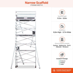 6.3m - 6.6m Narrow Aluminium Mobile Scaffold Base Tower with 2 Outriggers & Kickboards
