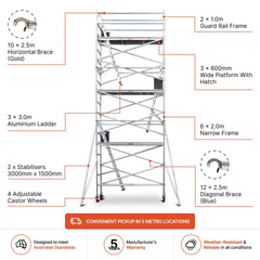 6.3m - 6.6m Narrow Aluminium Mobile Scaffold Base Tower with 2 Outriggers